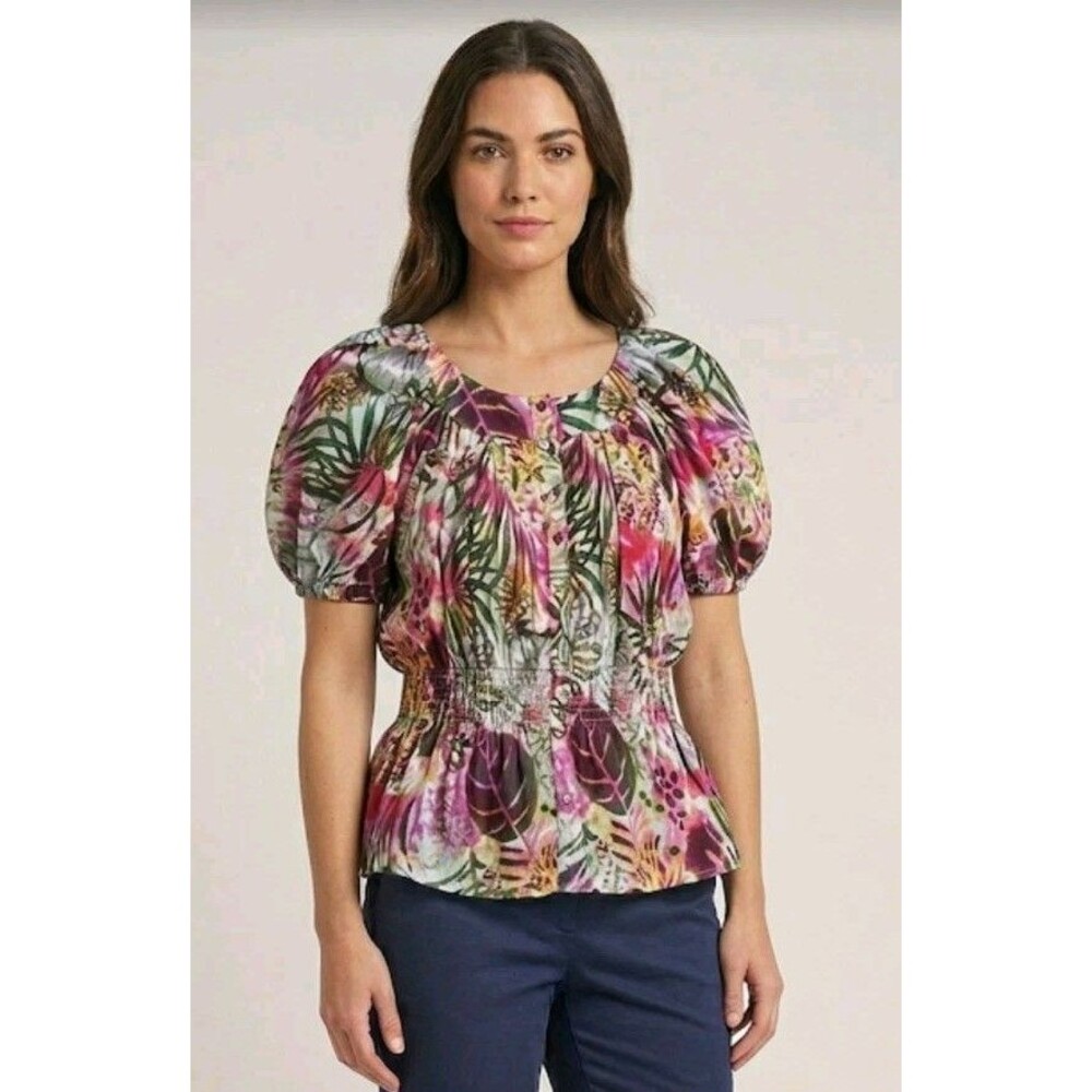 Go Softly Patio Flare Blouse Size M Button Flare Sleeve Floral Rayon